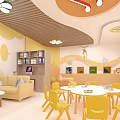 Vibrant Children's Activity Room With Yellow Chairs Round Table Bookshelves And Cartoon Decorations