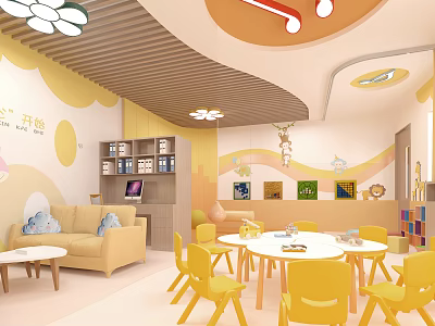 Vibrant Children's Activity Room With Yellow Chairs Round Table Bookshelves And Cartoon Decorations 3d model