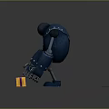 Blue Armored Robot Character With Black Head Standing on Yellow Platform Near Gift Box