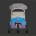 Colorful Three Wheeled Tuk Tuk Vehicle With Blue Body Pink Roof And Beige Seat
