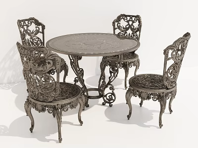 Vintage Style Dining Table And Chairs Set With Intricate Metal Carvings 3d model