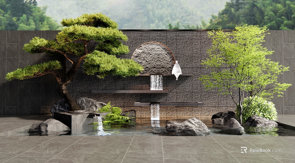 Traditional Chinese Feature Wall With Flowing Water Circular Ornament Pine Tree And Greenery Stones 3d model 