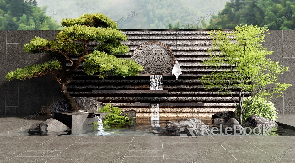 New Chinese Style Falling Water Scene Overlapping Water Scene Wall Falkery Waterscape Courtyard Sick Stone Pine Plant Combination model