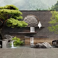 Traditional Chinese Feature Wall With Flowing Water Circular Ornament Pine Tree And Greenery Stones