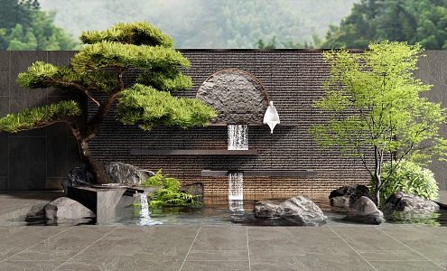 New Chinese Style Falling Water Scene Overlapping Water Scene Wall Falkery Waterscape Courtyard Sick Stone Pine Plant Combination 3d model