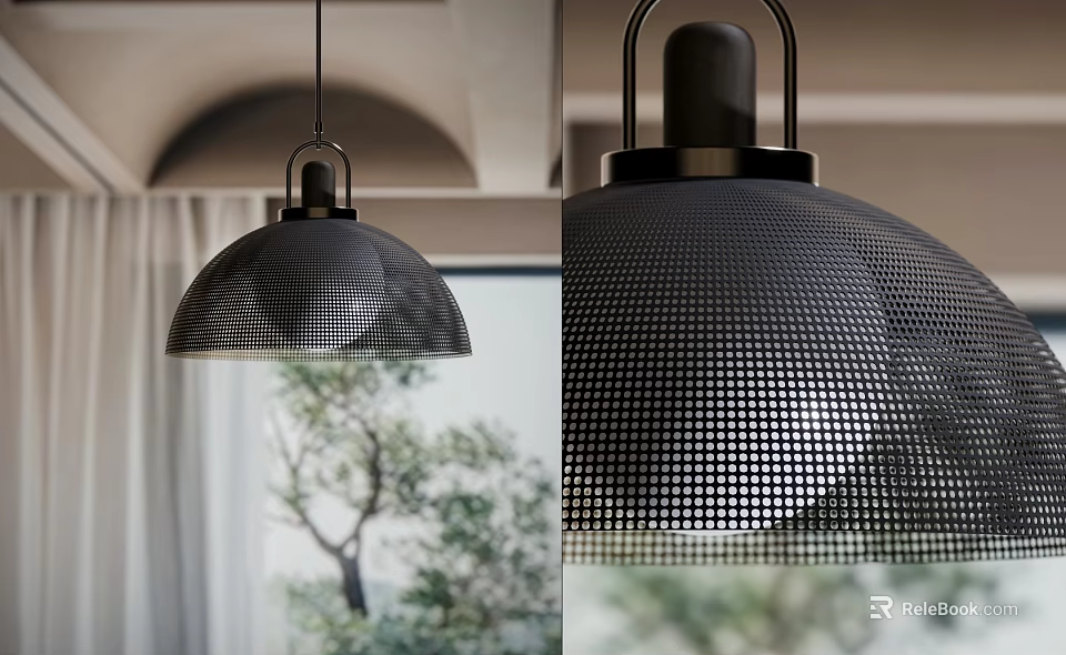 Modern Black Pendant Light with Perforated Grid Design in Arched Ceiling Interior with Window View 3d model