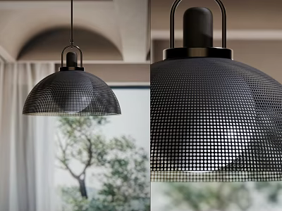 Modern Black Pendant Light with Perforated Grid Design in Arched Ceiling Interior with Window View 3d model
