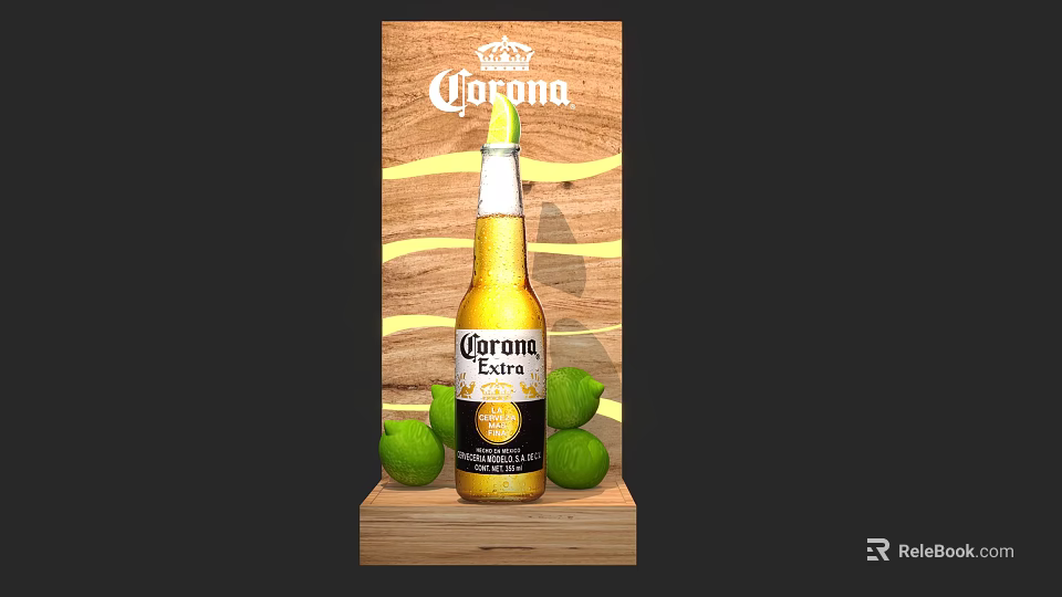 Corona Extra Beer On Wooden Display Stand With Fresh Lime Fruits 3d model 