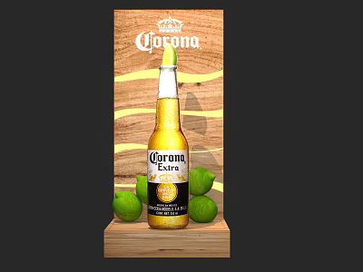 Corona Extra Beer On Wooden Display Stand With Fresh Lime Fruits 3d model
