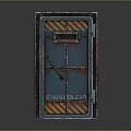 Vintage Industrial Blue Door With Orange Black Stripes Metal Handle And Stand Clear Text