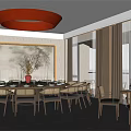 Quiet Style Box Dining Box Log Style Box Log Table Rattan Dining Chair Rattan Chandelier 3d model