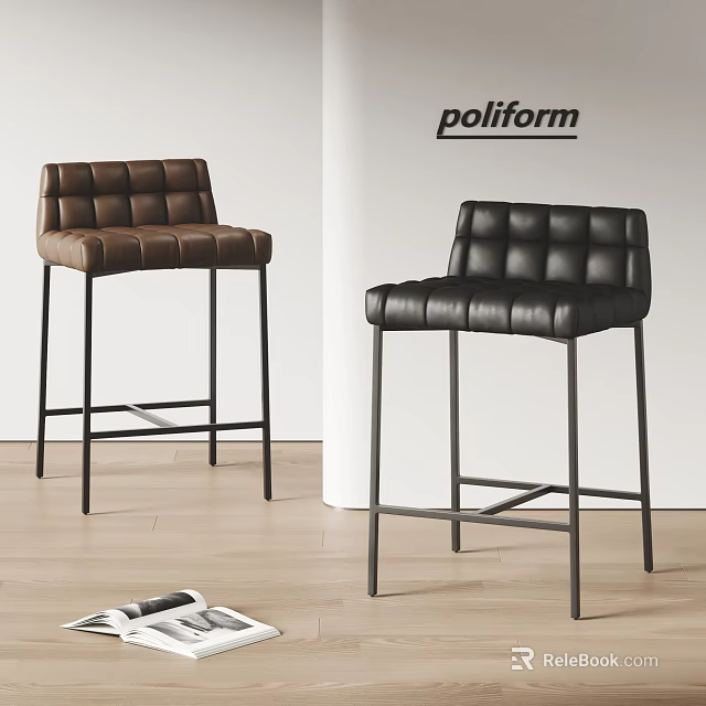 Modern Leather Bar Stools With Square Tufted Design And Black Metal Frames 3d model
