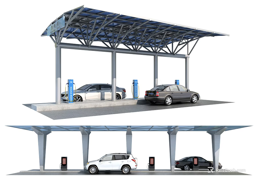 Outdoor Car Parking Canopy Structure with Electric Vehicles and Charging Stations 3d model 