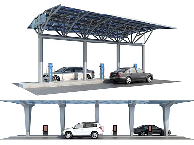 Outdoor Car Parking Canopy Structure with Electric Vehicles and Charging Stations 3d model