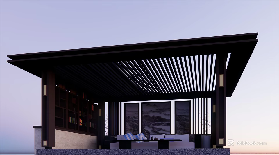 Serene Garden Landscape With Slatted Pergola Roof And Decorative Screens Seating Area 3d model 