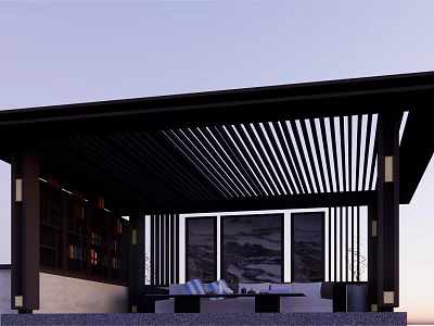 Serene Garden Landscape With Slatted Pergola Roof And Decorative Screens Seating Area 3d model