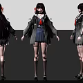 Woman With Purple Long Hair Gray Coat Blue Skirt Black Shoes 3D Front Back Side Views