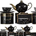 Luxurious Black Dinnerware Set With Patterned Teapots Cups Saucers And Gold Accents 3d model