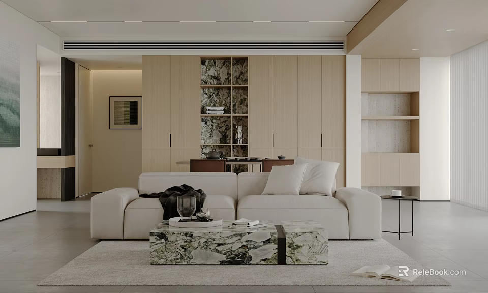 Modern Living and Dining Room Interior With Beige Sofa Marble Coffee Table And Wooden Cabinets 3d model