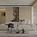 Modern Living and Dining Room Interior With Beige Sofa Marble Coffee Table And Wooden Cabinets 3d model