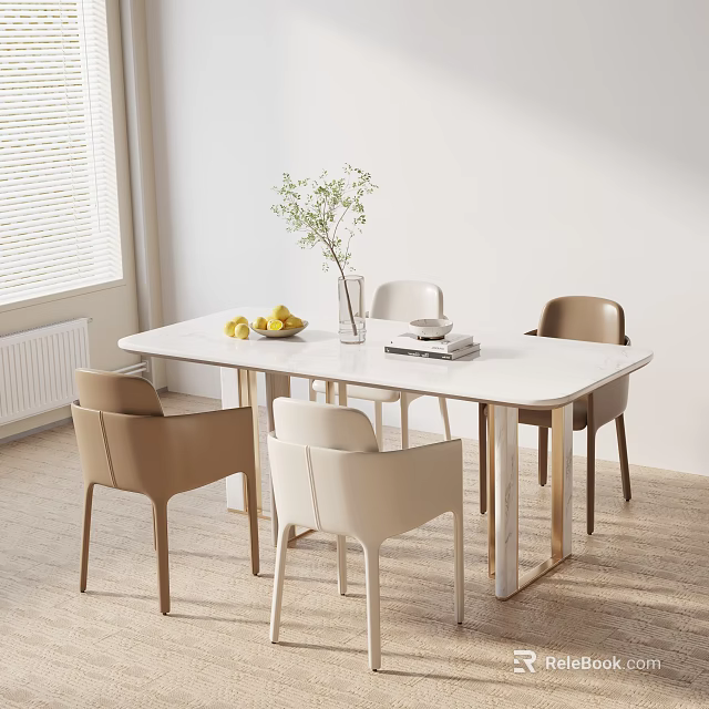 Modern Minimalist Dining Table Set with White Table Beige Brown Chairs Fruits Vase and Sunlight 3d model 