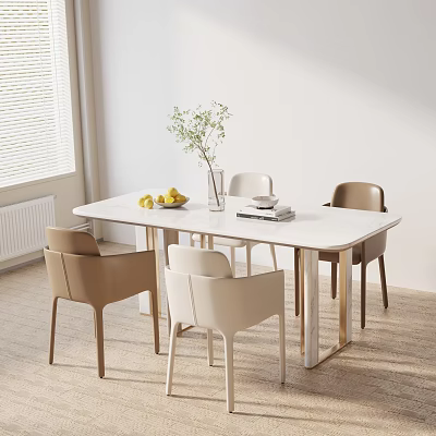 Modern Minimalist Dining Table Set with White Table Beige Brown Chairs Fruits Vase and Sunlight 3d model