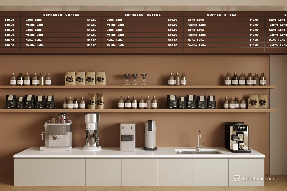 Café Interior With Expresso Coffee Menu Board Coffee Equipment And White Counter 3d model 