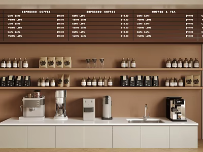 Café Interior With Expresso Coffee Menu Board Coffee Equipment And White Counter 3d model