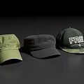 Three Different Hats Including Green Flat Cap Black Baseball Cap And Camouflage With FIRE Lettering