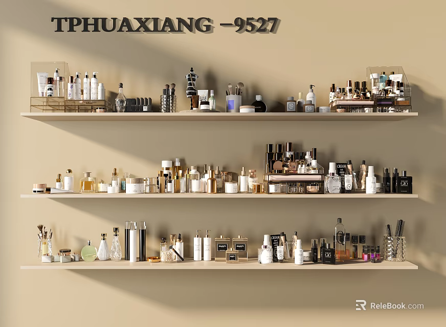 Stylish Perfumes and Cosmetics Display with Various Bottles on Wall Shelves 3d model 
