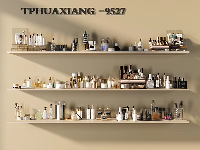 Stylish Perfumes and Cosmetics Display with Various Bottles on Wall Shelves 3d model