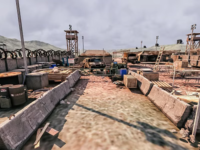 Military Base Area With Watchtowers Containers Barrels And Construction Materials 3d model