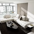 Modern Minimalist Living Room With Light Interior Large Windows Sofa And Coffee Table