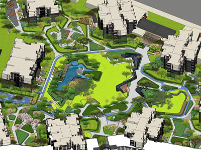 Residential Housing Complex Landscape With Central Green Area And Water Features 3d model