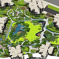 Residential Housing Complex Landscape With Central Green Area And Water Features