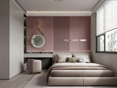 Modern Bedroom Interior Design With Pink Wall Round Mirror Window Bedhead And Pillows Wall Light 3d model