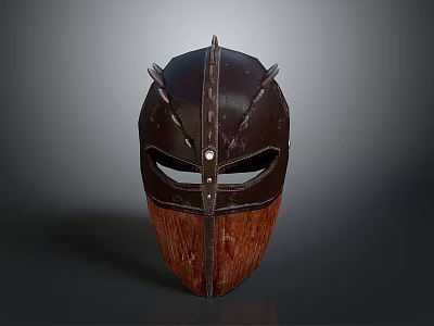 Medieval Leather Helmet Design With Spikes Stitches Wooden Face Guard And Rivets 3d model