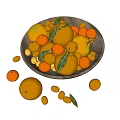 Fresh Citrus Fruits in Wooden Bowl with Scattered Oranges Tangerines and Green Leaves