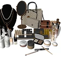 Luxury Perfume And Cosmetics Collection With Lipsticks Brushes Mirror Handbag And Necklace