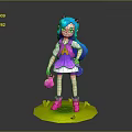 Cute Cat Eared Character With Blue Hair In Pink Dress Holding Pink Bag On Green Base