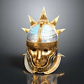 Ancient Warrior Character Wearing Spiked Golden Silver Helmet With Ornate Design