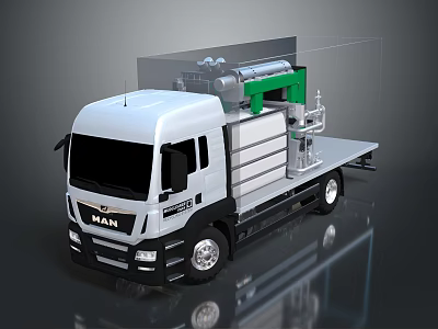 MAN White Industrial Flatbed Truck With Green Mechanical Equipment Mounted On Chassis 3d model