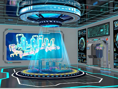 High Tech Control Room With Floating Console Blue Holographic Projection And City Map Screens 3d model