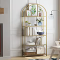 Stylish Golden Arched Bookcase Interior With Books Green Plants And Decorations