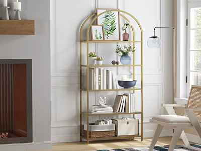 Stylish Golden Arched Bookcase Interior With Books Green Plants And Decorations 3d model