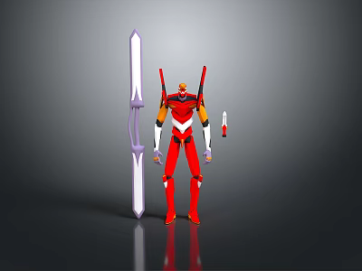 Red and White Robot Character Standing With Purple Sword And Weapon Accessory 3d model