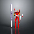 Red and White Robot Character Standing With Purple Sword And Weapon Accessory