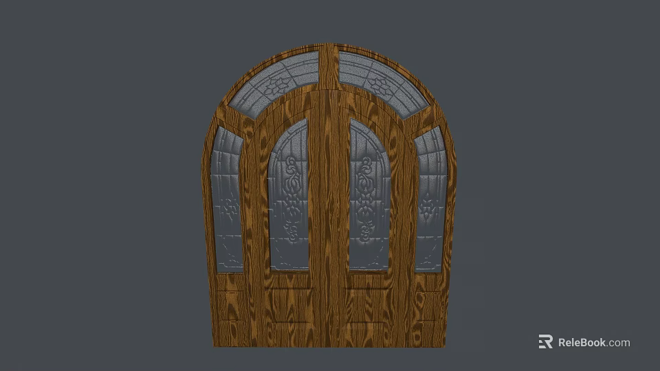 Wooden Arched Entrance Door with Glass Panels and Decorative Patterns 3d model 
