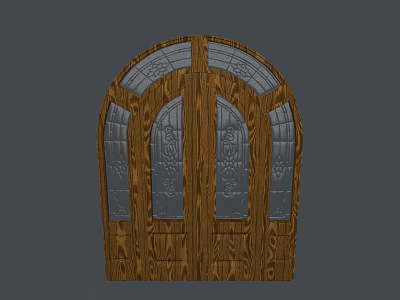 Wooden Arched Entrance Door with Glass Panels and Decorative Patterns 3d model