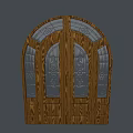 Wooden Arched Entrance Door with Glass Panels and Decorative Patterns